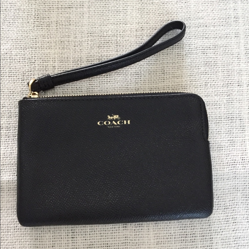Coach Black Leather Wristlet Clutch with Gold Hardware